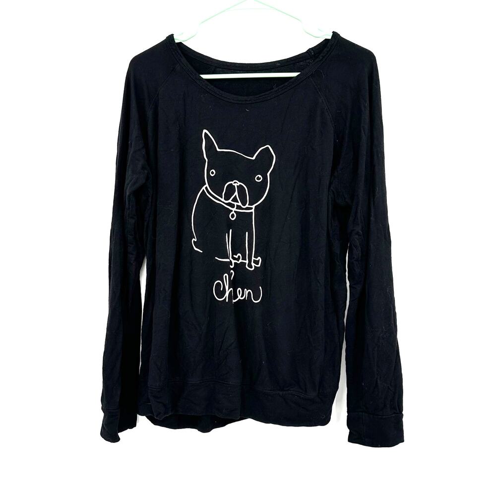 i Jeans by Buffalo Size XL Long Sleeve Top Shirt Blouse Black Chien Dog Print